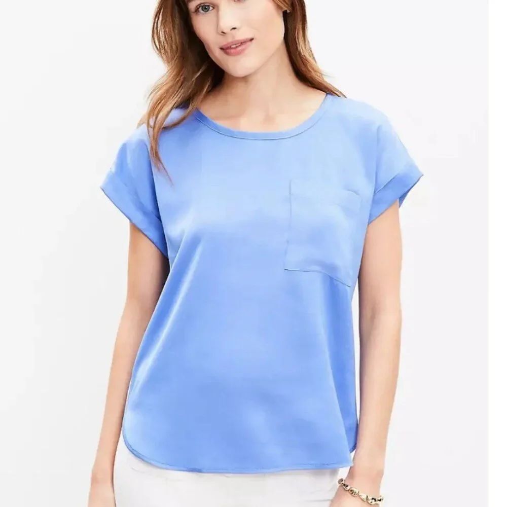 LOFT Satin Pocket Tee Blouse – Sapphire Blue - Size L - NWT